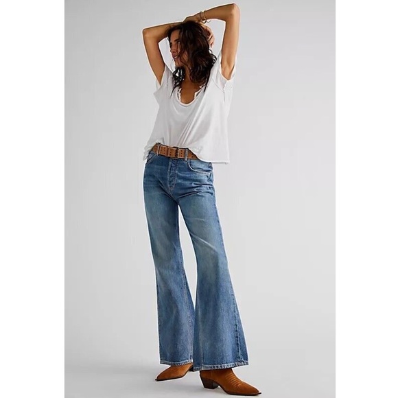 Free People New Dawn Jeans High Rise Flares Belgrade Blue New Size 29 - Picture 2 of 12